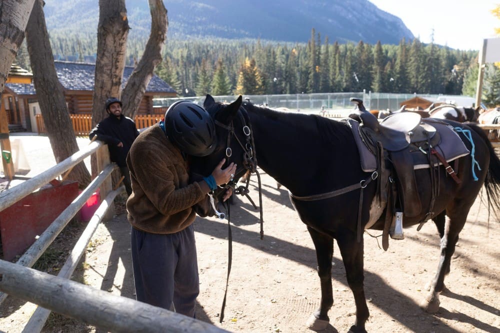 Cavalier qui câline son cheval revenant d'une randonnée équestre