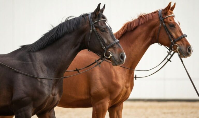 Deux chevaux portant brides avec muserolles