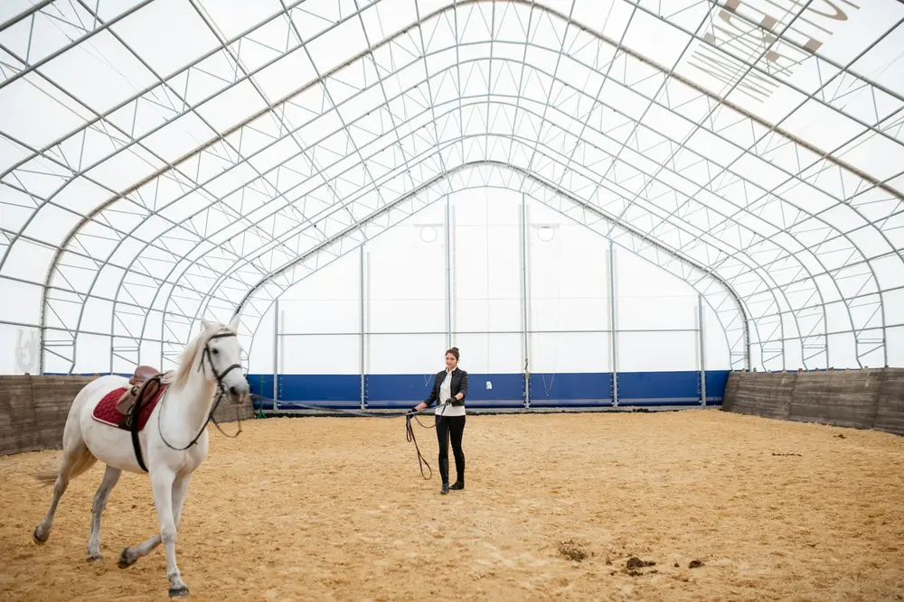 Cavalière travaillant un cheval gris à la longe dans une carrière couverte : compétence spécifique du programme galop 7 FFE