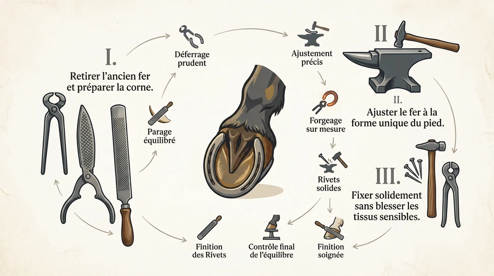 Infographie des étapes de la ferrure du cheval : déferrage, parage, forgeage, mise à chaud, brochage et rivage