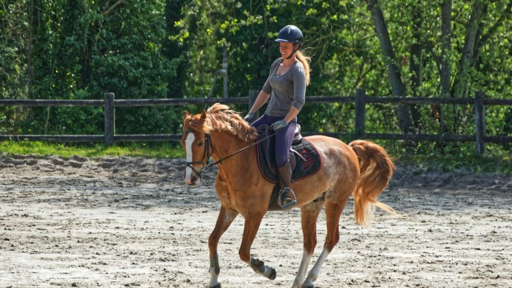 Cavalière avec une bombe dans une carrière à cheval