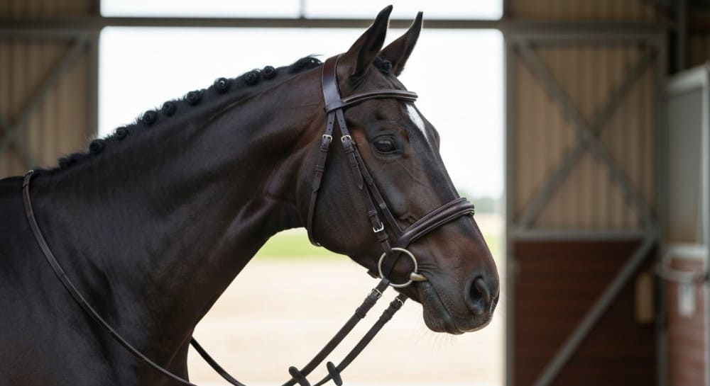 Cheval noir prêt pour stage équitation vacances scolaires